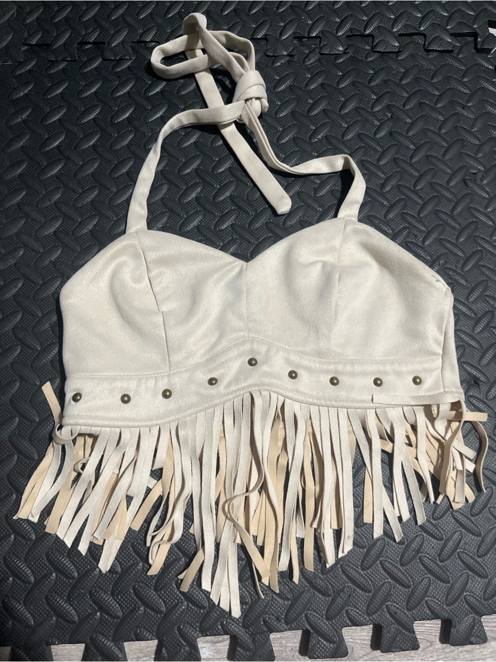 SHEIN Ivory Fringe Halter Crop Top